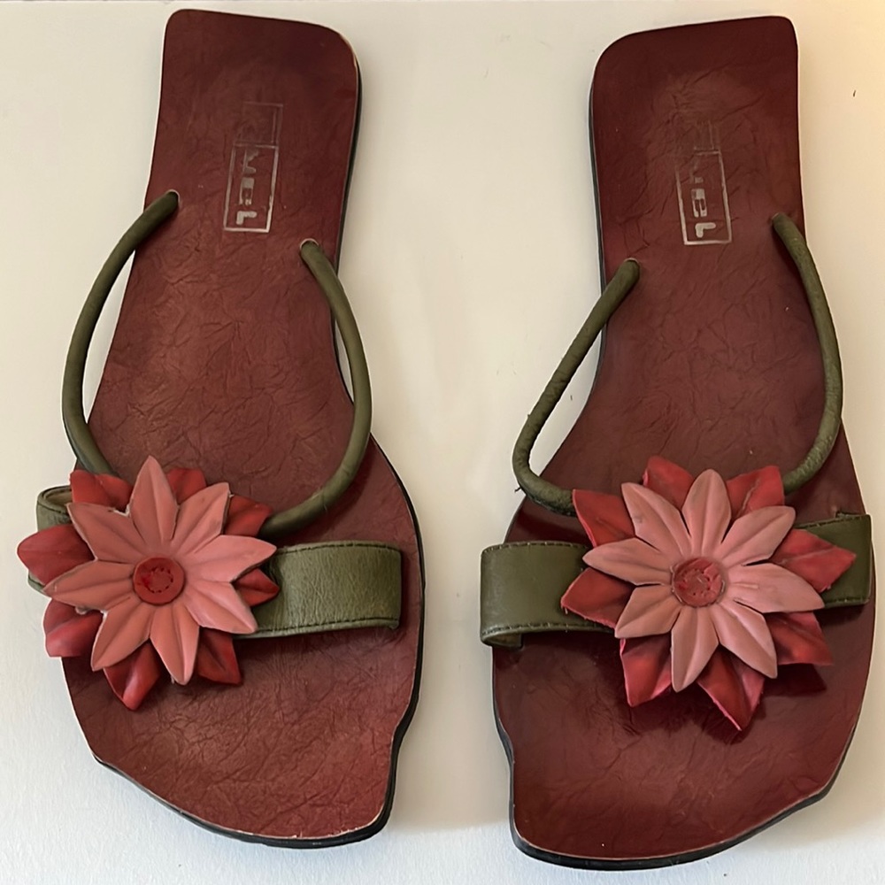 Leather Pink Flower Slip On Sandals, size 9